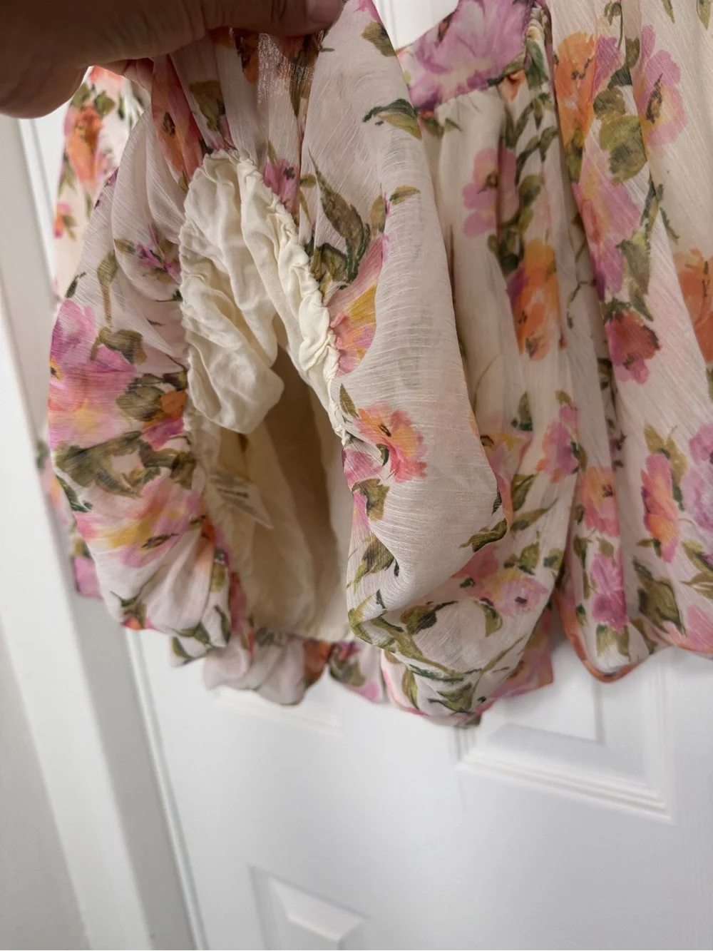 Anthropologie Cream Floral Puff-Sleeve Peasant Top with Pink & Peach Flowers
